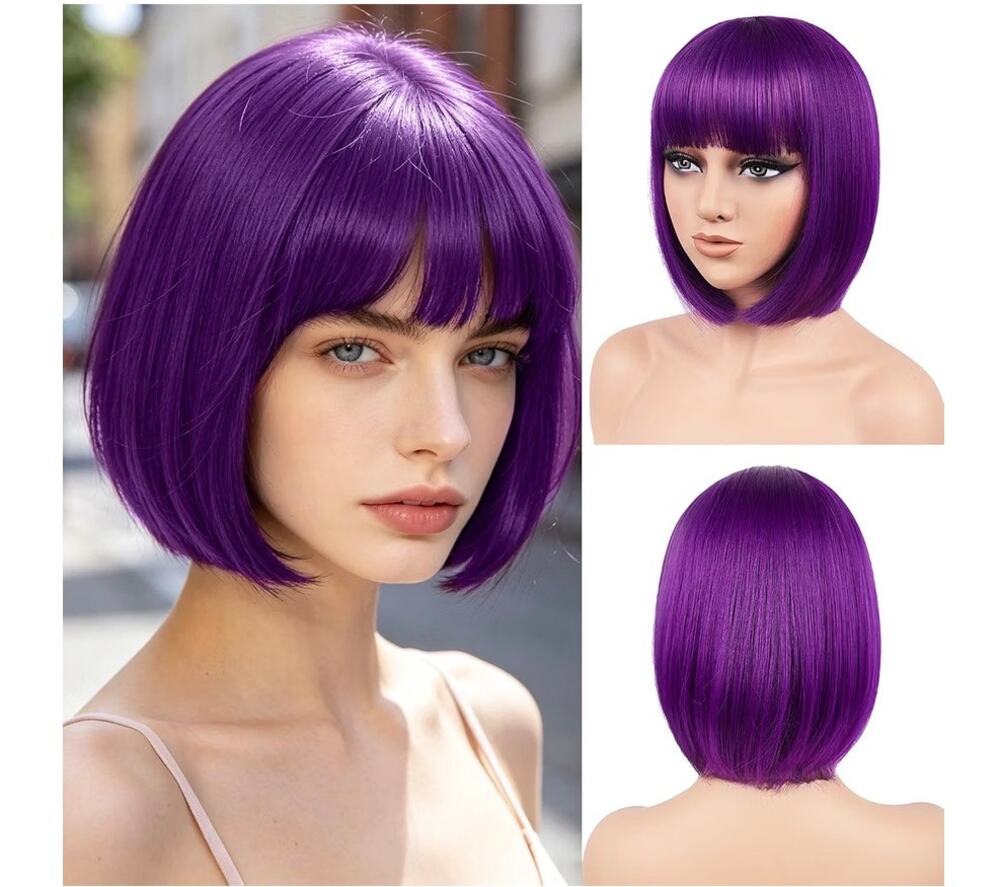 12 Inch Purple Bob Wig with Bangs for Women Short Bob Straight Wigs Flat Bangs